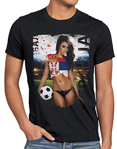 style3 EM 2024 Soccer Girl Herren T-Shirt Fußball Europameisterschaft Trikot Deutschland Schwarz, Größe:XL, Land:Serbien