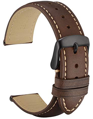 WOCCI 22mm Vintage Leder Uhrenarmband mit Schwarzer Schnalle, Ersatz Armbanduhr (Dunkelbraun mit Beige Nähten)