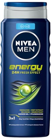 NIVEA MEN Energy Gel douche, douche de soin avec parfum revitalisant et effet fraîcheur 24 h, crème de douche rafraîchissante à l'extrait de menthe pour le corps et les cheveux (500 ml)