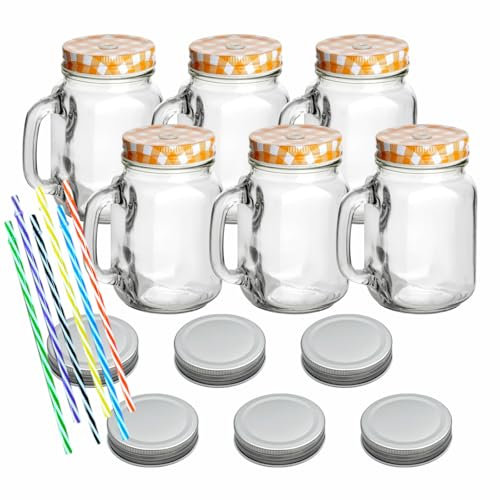 gouveo 6er Set Trinkgläser 450 ml mit Deckel orange, silberfarben - Trinkglas mit Henkel und Mehrweg-Trinkhalm - Henkelgläser mit Deckel - Cocktail-Glas für Garten (TGH450SO)