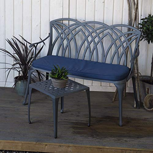 Lazy Susan Willow 45 cm quadratischer Tisch mit April Bank, wartungsfrei, leicht, wetterfest, Sandguss-Aluminium, Schiefergrau (Kissen in der Farbe Blau)