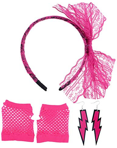 NUOBESTY Diadema de Encaje de Los 80 Pendientes de Neón Guantes de Rejilla Accesorios de Disfraces de Los 80 para Fiesta de Los 80 (Rosado)