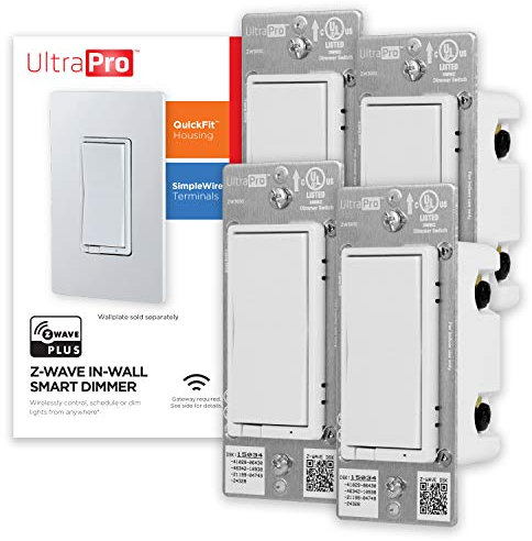UltraPro Z-Wave 54898 Lot de 4 variateurs d'intensité intelligents avec QuickFit et SimpleWire, compatible avec Alexa, Google Assistant, concentrateur ZWave requis, répéteur/rallonge de gamme, palette