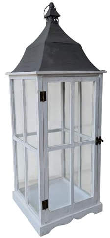 Große Laterne mit Glas 91 cm weiße Holzlaterne mit Metalldach - Laterne für draußen - Vintage - Gartenlaterne - Windlicht Laterne - Kerzenhalter - Laterne Naturholz