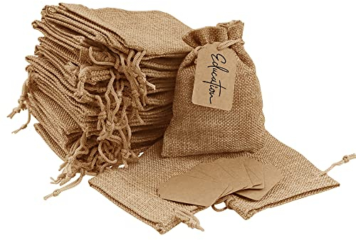 Lamondre 30 Stück klein jutesäckchen mit Kordelzug 9x12cm, Wiederverwendbare leinensäckchen Geschenksäckchen, Jutebeutel Kleine für Schmuck Hochzeit Party Weihnachten (Gelbbraun)