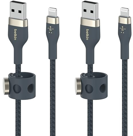 Belkin BoostCharge Pro Flex Braided USB Type A to Lightning Cable (2M/6.6FT), MFi Certified Charging Cable for iPhone 13, 12, 11, Pro, Max, Mini, SE, iPad and More, 2-Pack, Blue