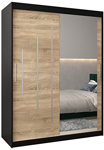 MEBLE KRYSPOL York 2 150 Schlafzimmerschrank mit zwei Schiebetüren, Spiegel, Kleiderstange und Regalen – 150x200x62cm - Mattschwarz + Sonoma
