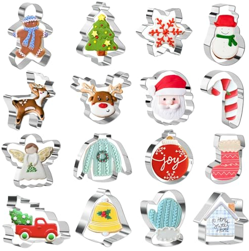 Keepaty 16 Pezzi Formine Biscotti Natale Set, Stampi Biscotti Natale in Acciaio Inox, Tagliabiscotti natalizi, Forma di Caramella Campana Albero Fiocco di Neve Alce