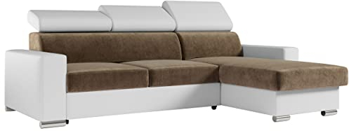 MKS MEBLE Ecksofa Wohnzimmer - Wohnlandschaft - L-Form Couch mit Schlaffunktion - Bettsofa - Wohnzimmer L Couch - Polstersofa mit Bettkasten - Fox Hellbraun Weiß