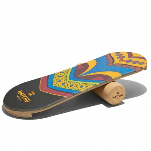 MATCHU - Balance Board - Trickboard - 100% Holz - Surf Trainer - Inklusive Hockerrolle - Board Sport - Sporttraining - Surfboard - Stabilität - Balanceboard