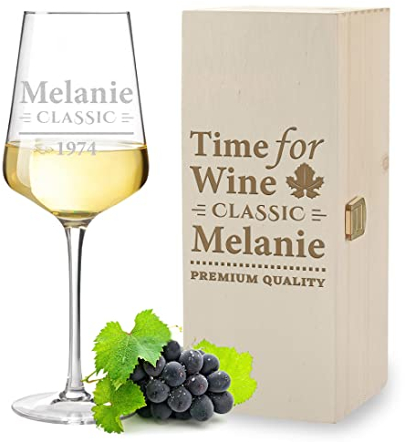 polar-effekt Bicchiere da Vino Bianco + Scatola in Legno con Incisione a Scelta, Motivo Tempo per Il Vino, Personalizzato, Vino Bianco, Vino Rosso, Fai da Te, Compleanno, Festa del papà
