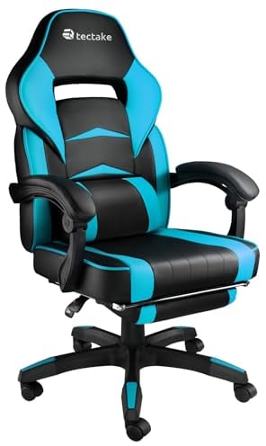TecTake® Sedia da Ufficio Comodo, Ergonomica, Girevole a 360°, Sedia Gaming con Cuscino Lombare, Poggiatesta, Sedia Scrivania Reclinabile, Altezza Regolabile - Nero/Azzurro