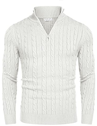 COOFANDY Half Zip Pullover Herren Feinstrick Zopfmuster Pulli Stehkragen Langarm Swestershirt Winterpullover Weiß XL