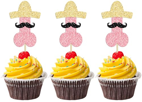 Gyufise 24Pcs Bachelor Party Cupcake Toppers with Hat Beard Glitter Bachelorette Cupcake Picks Hen Funny Party Cake Decorations for Wedding Bridal Shower Birthday Bachelorette Party Supplies Pink