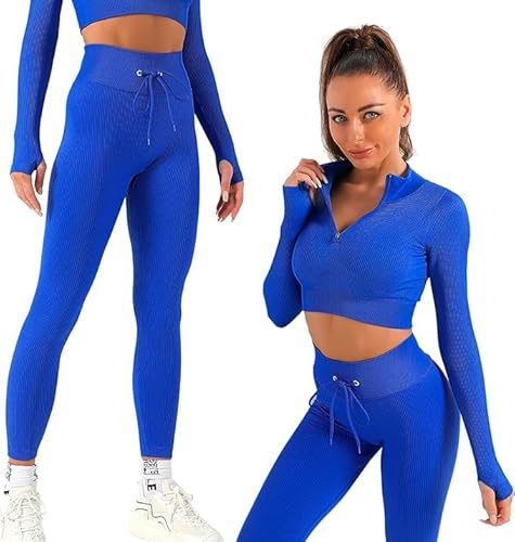 Active 100 Gym sets for women 2 piece zip up jacket Workout outfits, Cropped Top, Long Sleeve, Leggings Set for Running, Yoga, Gym, Sports Activity (Blue, L)