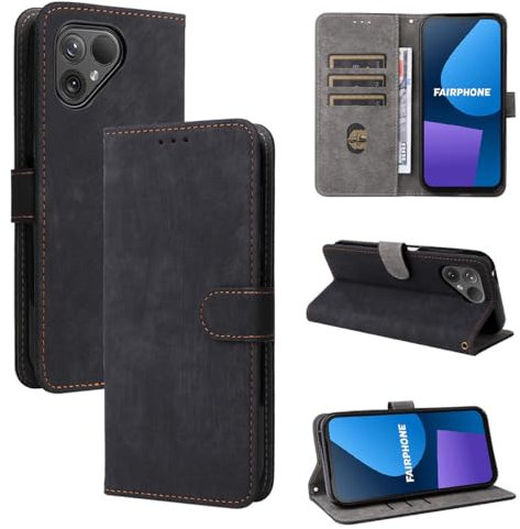 MOJIA Hülle für Fairphone 5, Hochwertige Flip Wallet Anti-Drop Handyhülle aus PU Leder mit RFID Diebstahl Bürstenfunktion Schutzhülle. Schwarz