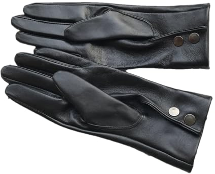 Ungefüttert Frauen Leder Handschuhe Schaffell Handschuh Handgelenk Knopf Medium Lange Grundlegende Wärme Fahren Leder Handschuhe schwarz Frauen-L, Schwarz , 42