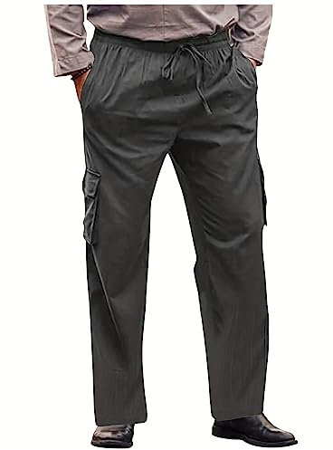 WLHBF Denim Herren Slim Fit Chino Hose mit Gürtel Lässige Herrenhose mit lockerer Länge, leichte Taillenhose, Baumwollleinen, Kordelzug, Tasche, weites Bein, Strandhose