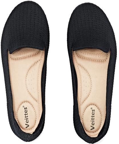 Veittes Women's Wide Width Flats Shoes - Classic Knitted Soft Casual Breathable Slip-on Ballet Shoes.(2205003-3,BK02/FK,UK9.5 Wide)