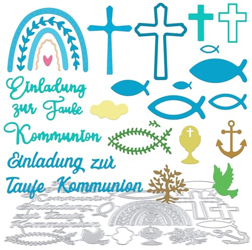 BETESSIN Stanzschablonen Einladung zur Taufe Kommunion Stanzform Schriftzug Einladung Fisch Kreuz Taube Stanzbögen Kartenbasteln Grußkarte Metall Cutting Dies Scrapbooking Stanzen Prägeschablonen