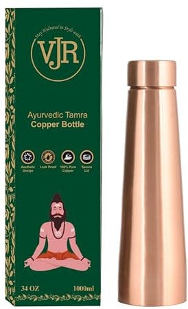 VJR Copper Bottle- 34OZ / 1000ML Glossy Plain Design Water Bottle for Home Office or Car Reusable Leak-Proof Pure Copper Water Bottle Ayurvedic Copper Water Bottle for Drinking Hand Washable