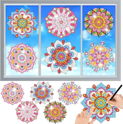 LOTOLO 6 Stück Diamant-Malset für Suncatchers Mandala Art Clings für Glasfenster, Mosaikmalerei nach Zahlen, statische Fensterfolie Clings 3D Aufkleber (005)