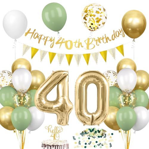 40. Geburtstag Deko Salbeigrüne, Deko 40 Geburtstag Frau Mann, 40er Geburtstag Luftballon mit Girlande, Geburtstag 40 Tortendeko Grün Gold, Avocado Grüne Konfetti Ballon für 40. Geburtstag Party Deko