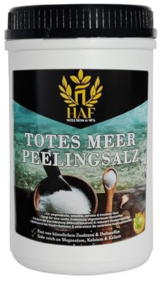 HAF® Premium Totes Meer Peelingsalz für empfindliche & trockene Haut | 1 x 1 kg in Dose | Salz Peeling 100% naturrein aus Jordanien für Gesicht & Körper | Körperpeeling für Sauna, Dusche & Dampfbad