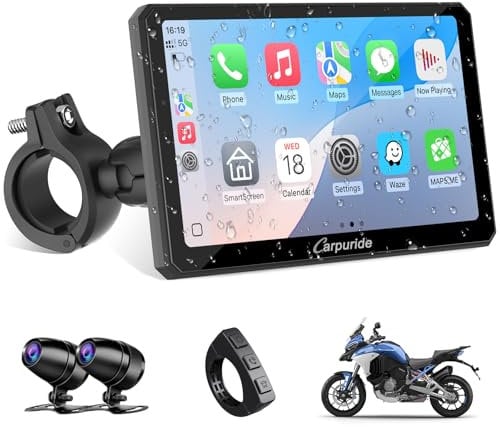 Carpuride W712D Motocicleta Carplay Pantalla con 1080P HD Dash Cam Duales Cámara, Inalámbrico CarPlay y Android Auto, 7 Pantalla Táctil Impermeable, BT Audio, Cable Controlador, Grabación Bucle, GPS.
