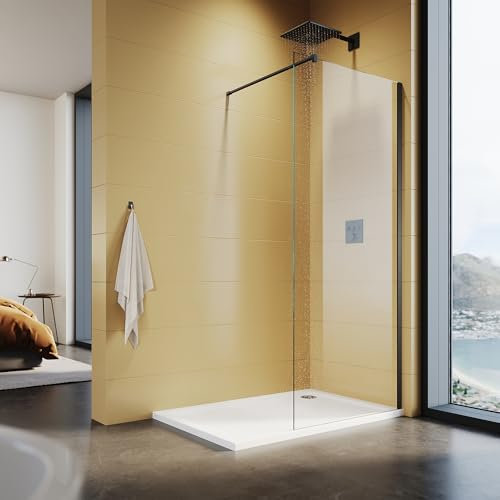 SUNXURY Paroi de douche Walk In - 90 x 200 cm - Avec barre de stabilisation de 120 cm - Cadre noir - En verre nano de 10 mm