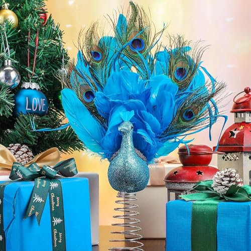 Blue Peacock Christmas Tree Topper Pink Flamingo Decor, Elegant White Feather Swan Pendants Christmas Tree Decorations for Christmas Holiday Party Home Decor Ornament (Blue Peacock, 11.8In)
