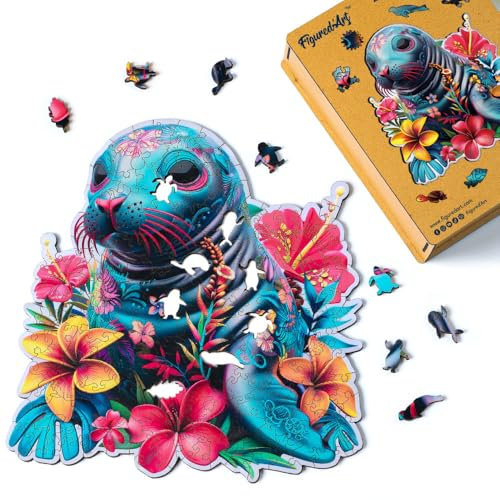 Figured'Art Holzpuzzle Erwachsene und Kinder 200 Teile Tiere - Seehund und Blumen - Originelles Design 26,5x28,5 cm Einzigartige Form mit Premium-Holzkiste