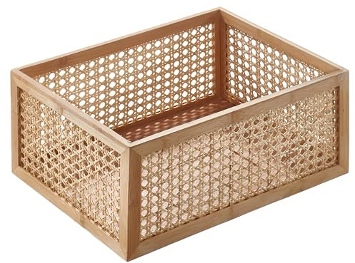 Kobolo Regalkorb aus Holz & Rattan Gr. L, 40x30x17 cm, rechteckiger Dekokorb, Aufbewahrungskorb, im angesagtem Boho Design, Korb