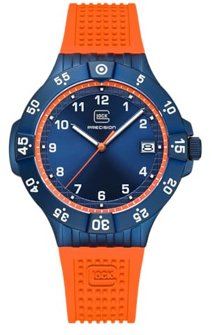 GLOCK Herren Quarz Uhr | 43mm Gehäuse | Armbanduhr mit Blauem Edelstahlgehäuse | Blauem Zifferblatt | Orangenem Silikonarmband | 10ATM | GW-15-8-22