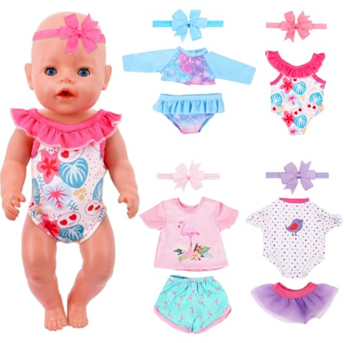 Babypuppenkleidung für 14-18 Zoll Spielzeug Babypuppe, 4 Set süße Sommerkleidung und Puppenzubehör enthalten 2 Top 2 Shorts 2 einteiliger Badeanzug 1 Kleid 4 Bogen Stirnband für Neugeborene Puppen