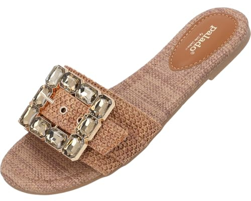 Palado Damen Pantoletten Adhana by Sila Sahin - bequeme Sandalen mit Glitzerschnalle - elegante Hausschuhe - modische Sommerschuhe Braun UK6 - EU39