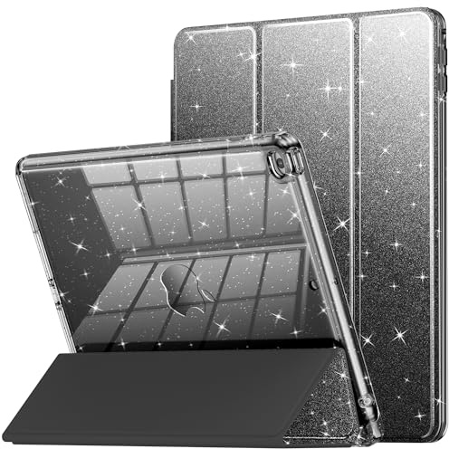 INFILAND Coque pour iPad 6e/5e génération 9,7 pouces 2018/2017, iPad Air 2 coque de protection transparente à paillettes mignonne pour enfants, filles, femmes, avec porte-crayon (noir)