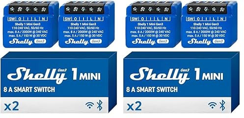 Shelly 1 Mini Gen3, Relè Intelligente WiFi e Bluetooth, 1 Canale, 8A, Domotica, Contatti Puliti, Controllo Remoto Luci, Dimensioni Compatte, Alexa e Google Home, iOS e Android (2 pezzi)