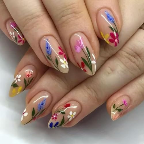 SXVME Floral French False Nails Almond Medium, Colorful Flower Full Cover Nude Press on Nails with Glossy Finish, Fake Nails Press ons with Floral Designs, Cute Summer Glue on Nail for Women 24 Pcs
