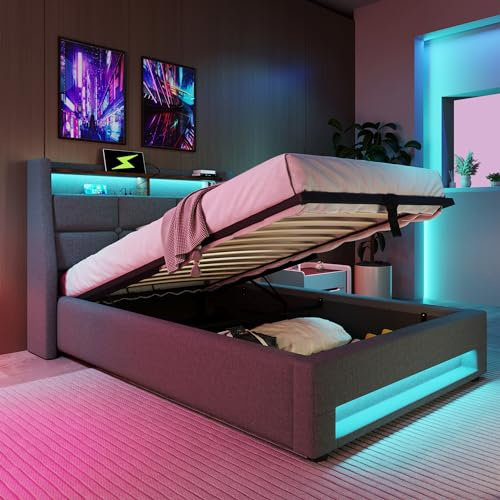 Fppuueg Cama 90x200 con Almacenaje Hidráulica, Cama Infantil con Cabecero LED y Puerto USB, Camas Juveniles con Estructura de Láminas de Madera, Cama Individual, Cama Tapizada, Lino, Gris, Sin Colchón
