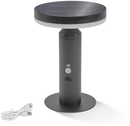 Esotec Solar Tischleuchte Leseleuchte Tischlampe Aliano USB 102772 | Solar Tischleuchte, Leseleuchte, Ø16x22,5cm, 3000K, 50-400lm, 15 Std., Akku wechselbar, USB-C, 1,8Wp Solarmodul, Edelstahl