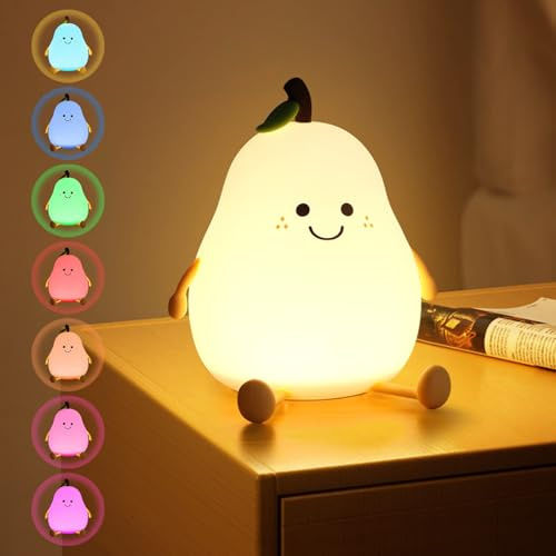 URAQT LED Nachtlicht Kinder | Silikon Stilllicht Baby,7 Farben Kawaii Lächeln Birnenförmiges Nachtlicht | 1200mAh Stilllicht 3 Stufige Dimmbar Touch, USB-Aufladung & Timing Funktion, Nachttischlampe
