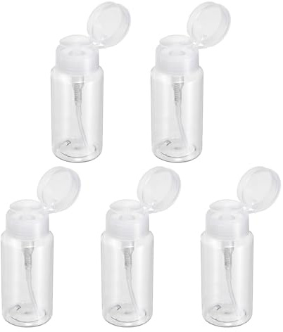 sourcing map 5pcs Push Down Pump Dispenser 5.3OZ (150ML) Plastic Nail Polish Remover Pumping Empty Bottle with Flat Flip Cap for Makeup Remover Alcohol Facial Toner, Clear