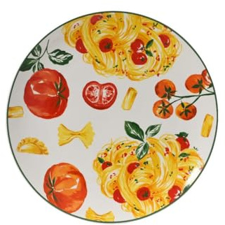 Decoris Teller Porzellan 26,9x2,7cm mit Pasta Motiv - Essgeschirr - Essensteller Pastateller Speiseteller Pizzateller Snackteller Mittagsteller Brotzeitteller - Geschirr - Weiß Rot Gelb Grün