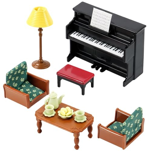 17 Stück Puppenhaus Möbel mit Klavier Wohnzimmer Sofa Tisch Set, Miniatur Möbel für Puppenhäuser, Puppenmöbel Set, Puppenhausmöbel für Spielzeughäuser, Puppenhaus Zubehör für Miniatur Welten