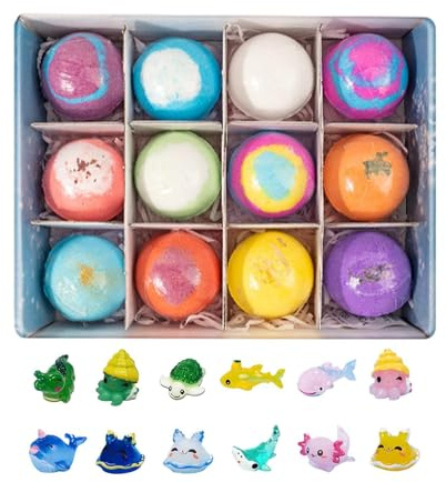 Natürliche Badebomben Kinder mit Überraschung Spielzeug im Inneren, 12 Stück Badekugeln Geschenkset Ozeane-Thema, Sanfter Badespaß für Mädchen & Junge, Sprudelbad Hautfreundlich