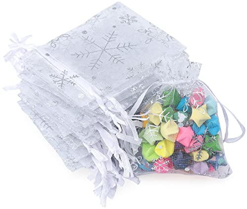 G2PLUS 7x9 cm Organzasäckchen, Weiß, 100 Stück Kleine Geschenk Organzabeutel Mit Schneeflocke und Kordelzug für Weihnachten Deko