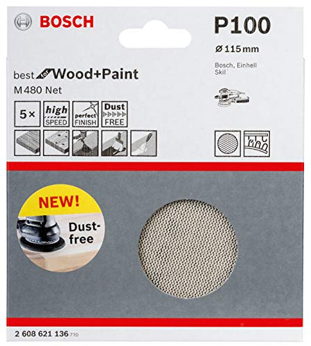Bosch Professional 5 Stück Schleifblatt M480 Best for Wood and Paint (Holz und Farbe, Ø 115 mm, Körnung K100, Zubehör Exzenterschleifer)