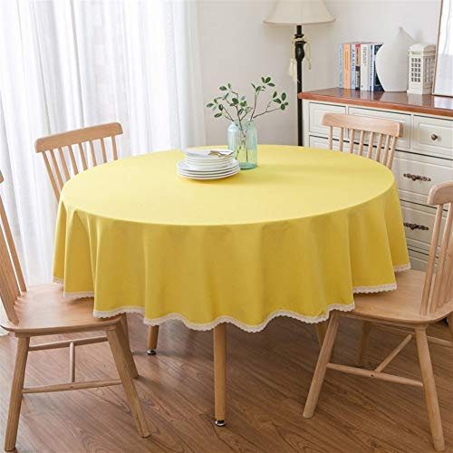 Insun Tischdecke Runden mit Spitze Rand Baumwolle Leinen Tischwäsche Dekorative Staubdichte Tischtuch Abwaschbar Gelb 120cm Durchmesser
