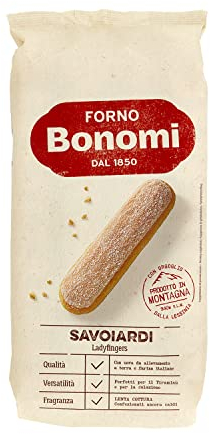 Forno Bonomi Savoiardi, biscuits préparés selon la tradition avec des œufs frais élevés à terre, idéal pour le tiramisu, pour une collation savoureuse et légère. Paquet de 400g